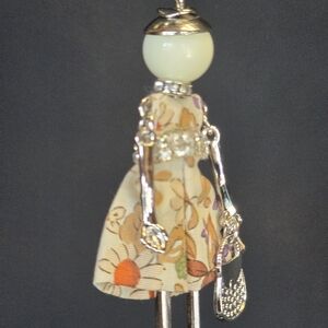 Floral Doll Pendant with Silver Accents Great Bag Charm